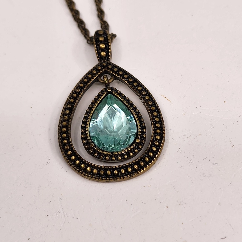Aqua Blue Faceted Teardrop Pendant Necklace Antique Bronze Tone Vintage Style